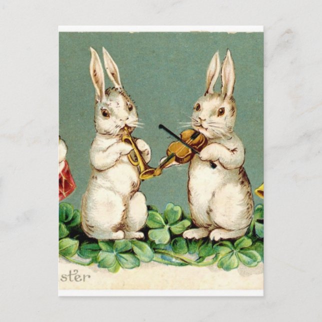 Rabbit music band antique Easter greetings Holiday Postcard (Front)