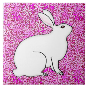 Rabbit on a bed of spring flowers ceramic tile