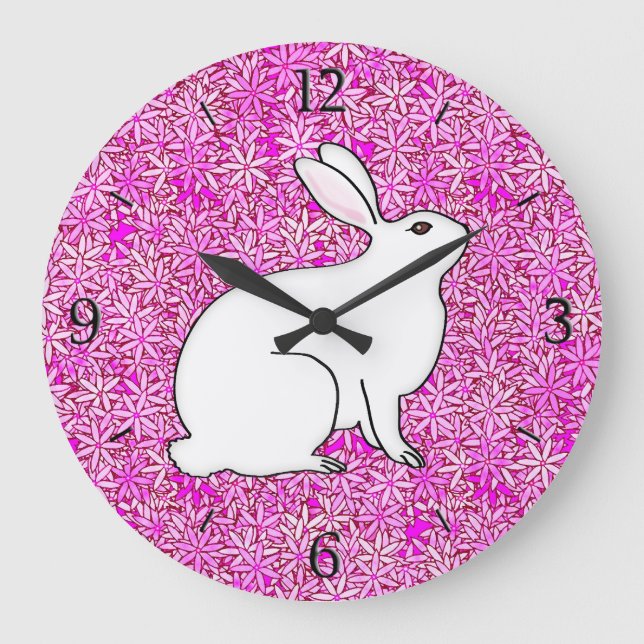 Rabbit on a bed of spring flowers large clock (Front)