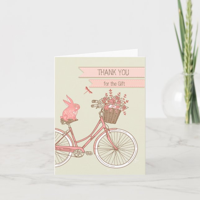 Rabbit on Bicycle Thank You for Gift Note Card (Front)