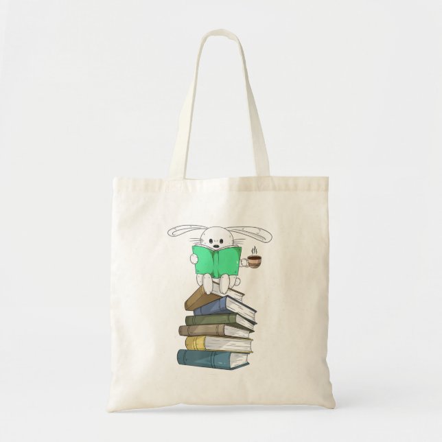 Rabbit on Books and Drinking Coffee Bun Tote Bag (Front)