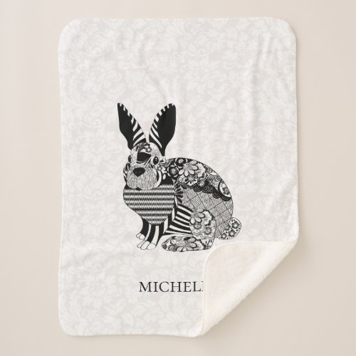 Rabbit on White Damask Sherpa Blanket