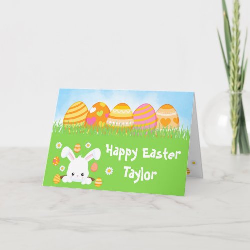 Rabbit Orange and Pink Eggs Happy Easter Card