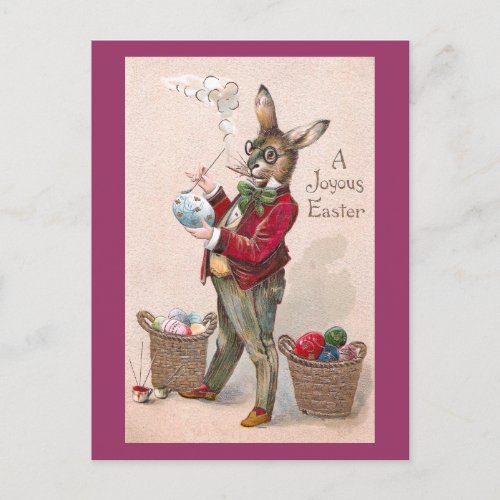 Rabbit Painting Easter Eggs Vintage Holiday Postcard