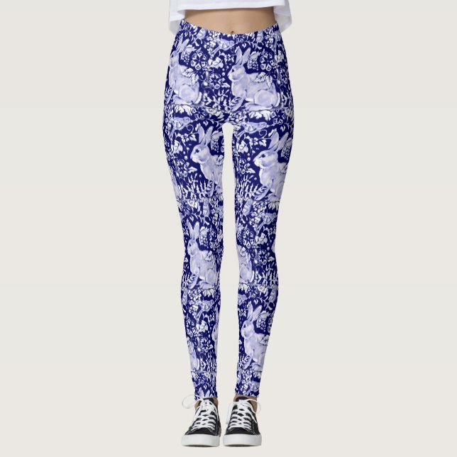 Rabbit Pattern Dark Blue White Bird Floral Unique Leggings (Front)