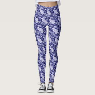 Rabbit Pattern Dark Blue White Bird Floral Unique Leggings