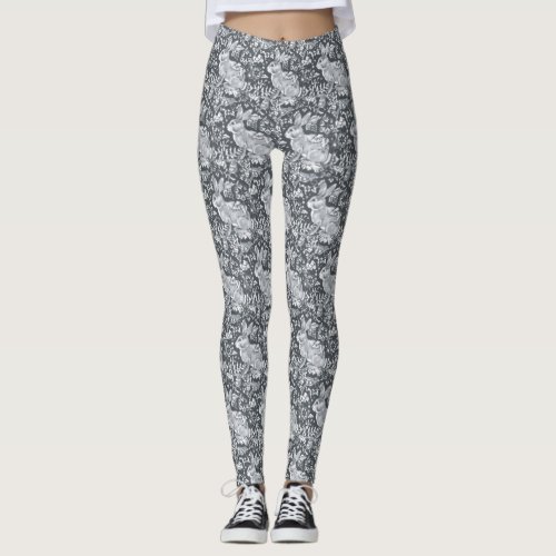 Rabbit Pattern Gray White Bird Floral Casual Leggings