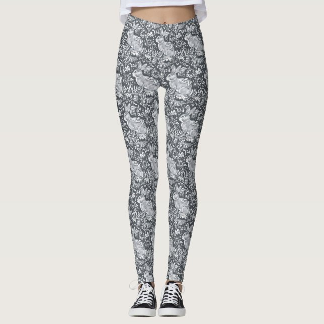 Rabbit Pattern Gray White Bird Floral Casual Leggings (Front)