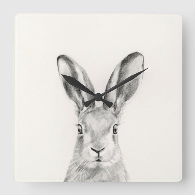 Rabbit Pencil Drawing Square Wall Clock (Front)
