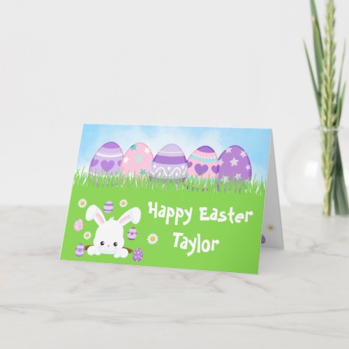 Rabbit Pink and Purple Eggs Happy Easter Card