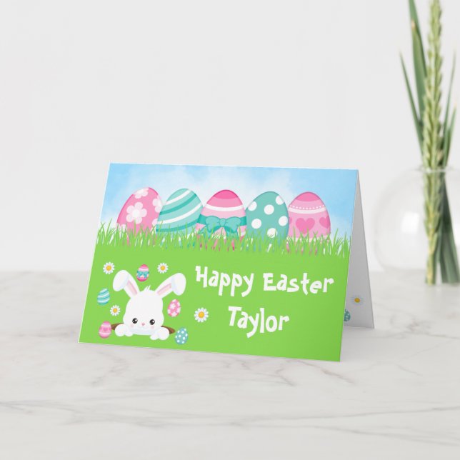 Rabbit Pink and Turquoise Blue Eggs Happy Easter Card (Front)