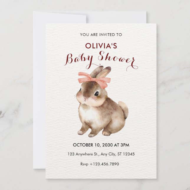 Rabbit pink bow baby shower invitation (Front)