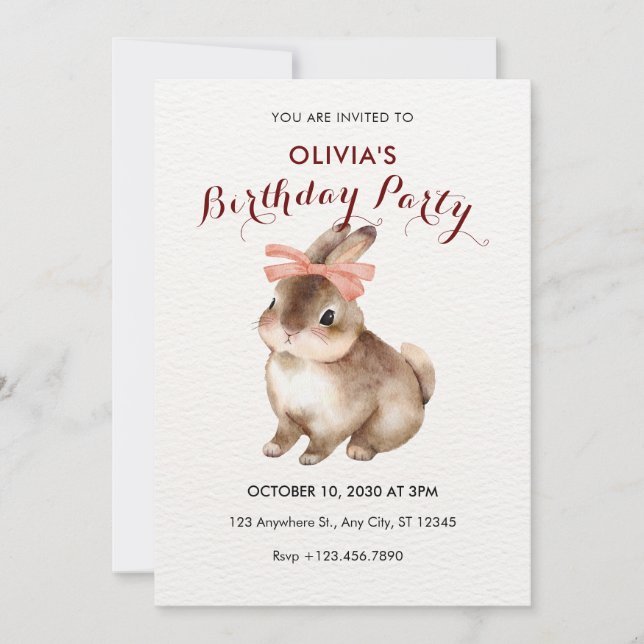 Rabbit pink bow birthday invitation (Front)