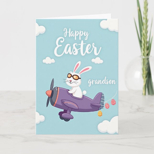 Rabbit Plane Easter Grandson Card (Front)