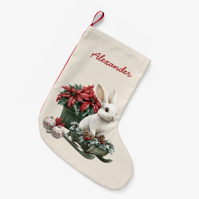 Rabbit Poinsettia Custom Name Small Christmas Stocking (Front (Hanging))