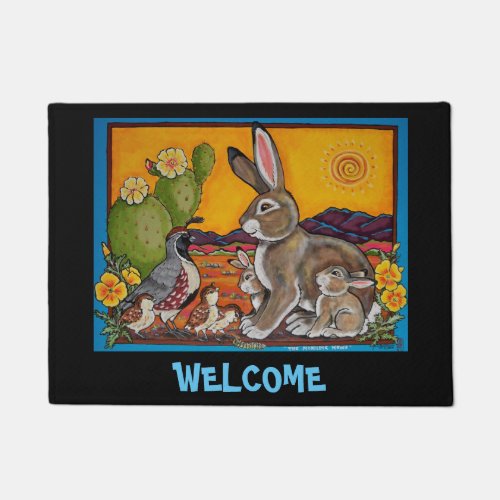 Rabbit Quail Welcome Door Mat Southwestern Cactus