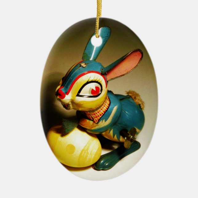 rabbit rabbits toy and easter yellow egg ceramic ornament (Front)