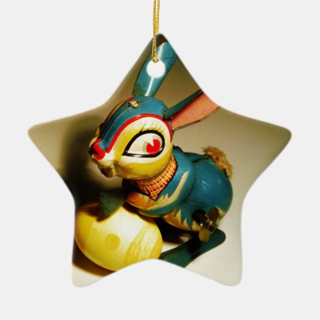 rabbit rabbits toy and easter yellow egg ceramic ornament (Front)