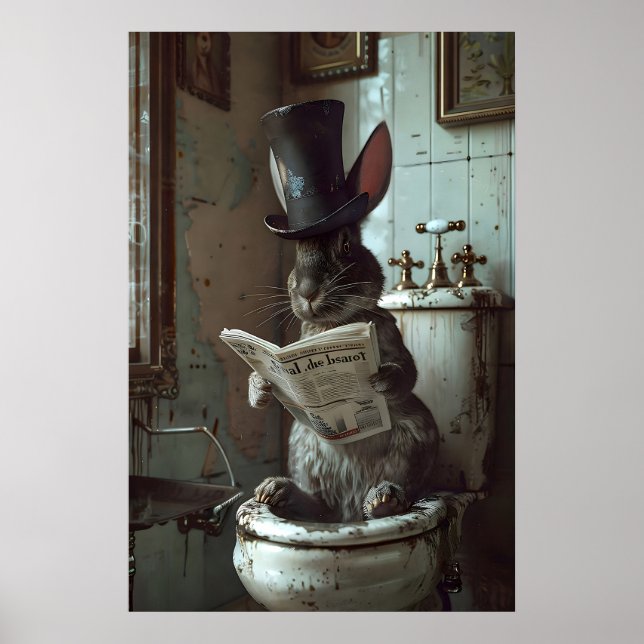 Rabbit reading newspaper on toilet print, hare poster (Front)