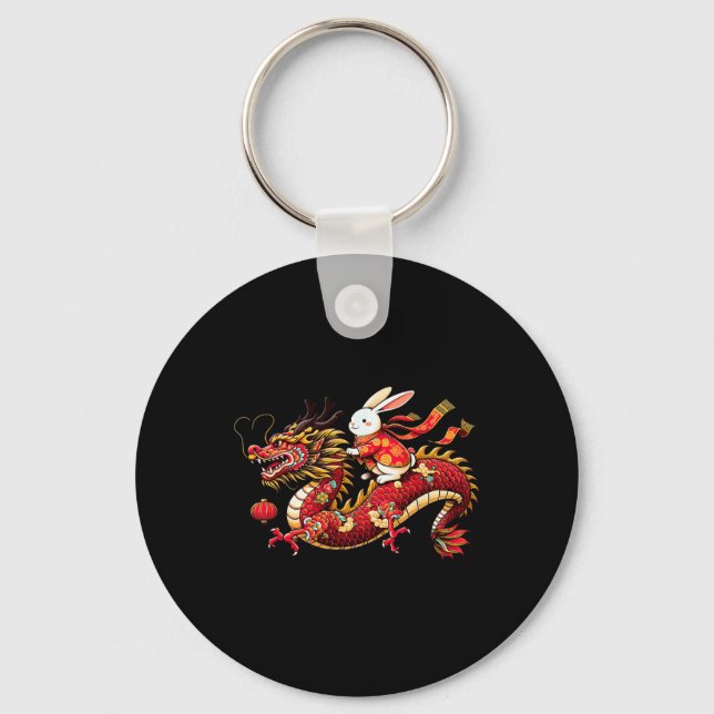 Rabbit Ride Chinese Dragon Funny Mens Womens Happy Keychain (Front)