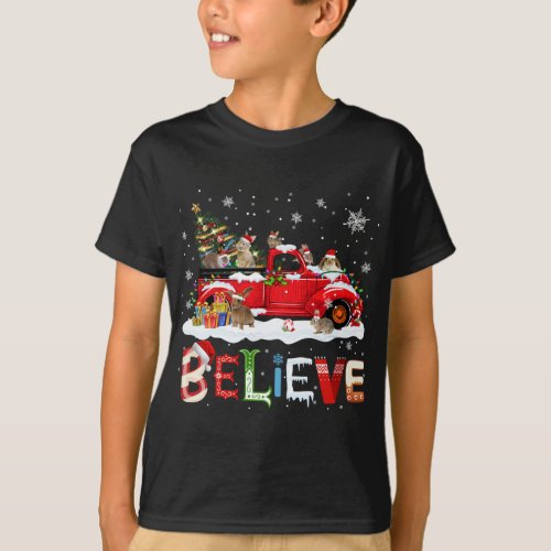 Rabbit Riding Red Truck Christmas Tree Believe San T_Shirt