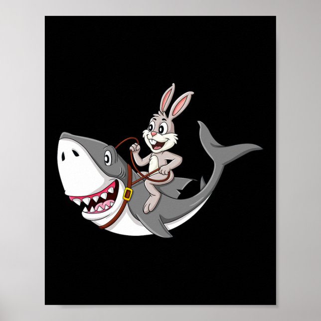Rabbit Riding Shark Easter Fun Boys Girls Kids  Poster (Front)