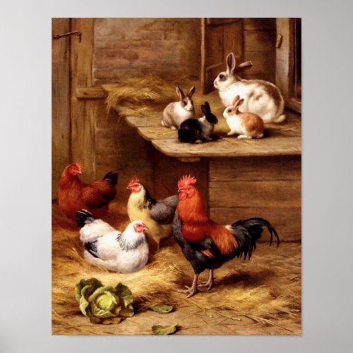 Rabbit rooster hens pets farm animals bunnies poster