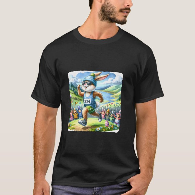 Rabbit Running Marathon With Scenic Landscape East T-Shirt (Front)