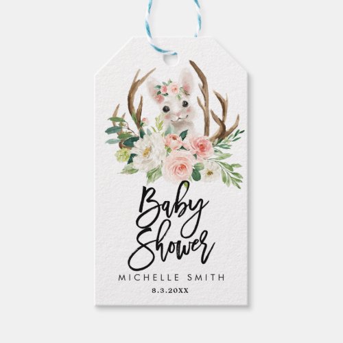 rabbit rustic floral pink baby shower tags