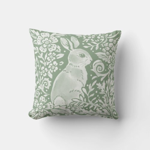 Rabbit Sage Green Woodland Animal Floral Damask Throw Pillow