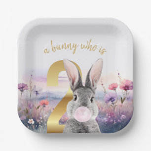 Rabbit Second Birthday blowing pink bubble gum Paper Plates