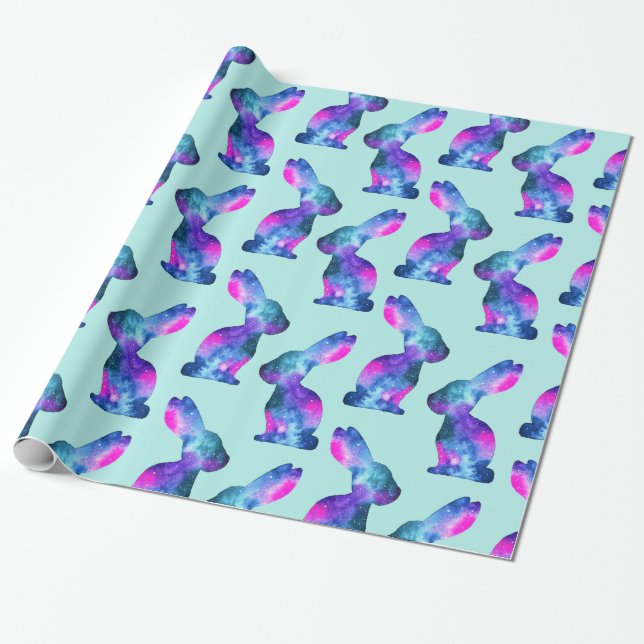Rabbit Silhouette, Pattern, Watercolor Galaxy Wrapping Paper (Unrolled)