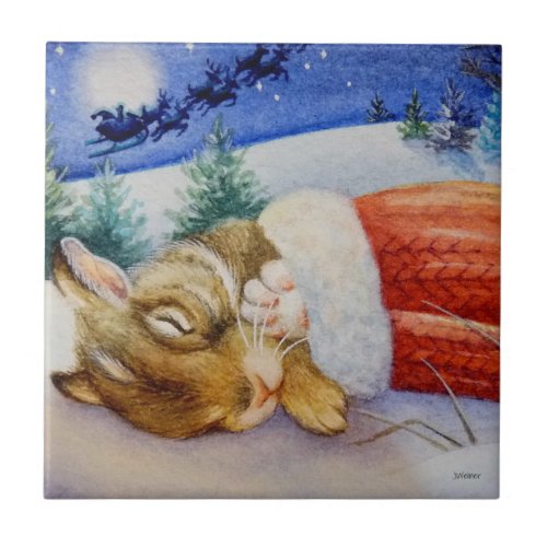 Rabbit Sleeps in Santas Mitten Watercolor Art Ceramic Tile