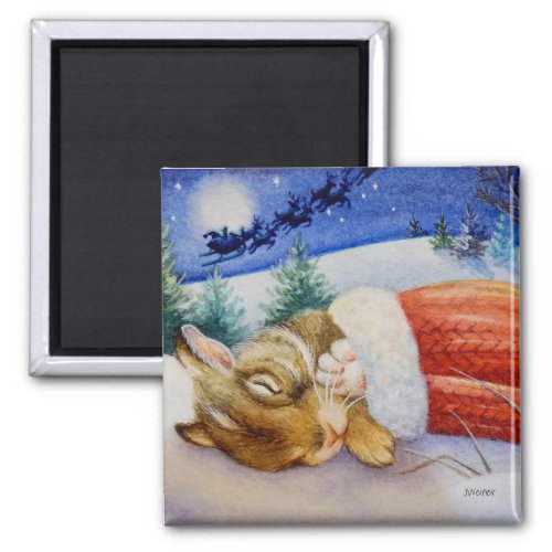 Rabbit Sleeps in Santas Mitten Watercolor Art Magnet