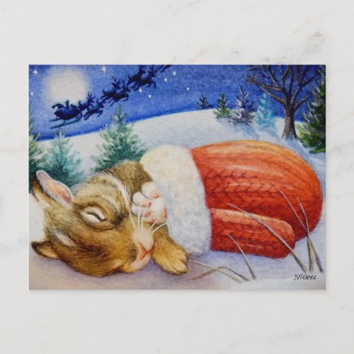 Rabbit Sleeps in Santas Mitten Watercolor Art Postcard