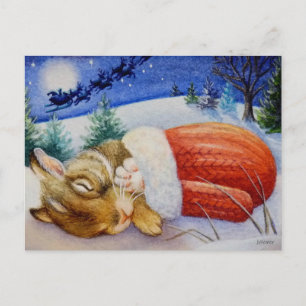 Rabbit Sleeps in Santa's Mitten Watercolor Art Postcard