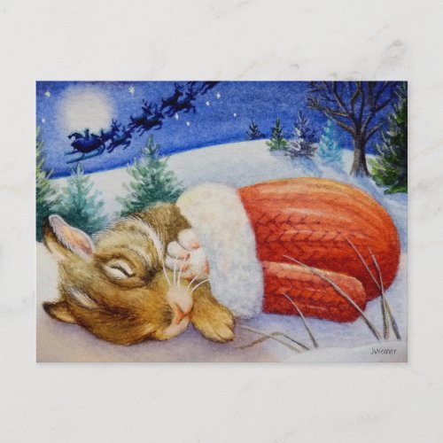 Rabbit Sleeps in Santas Mitten Watercolor Art Postcard