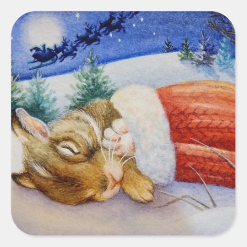 Rabbit Sleeps in Santas Mitten Watercolor Art Square Sticker