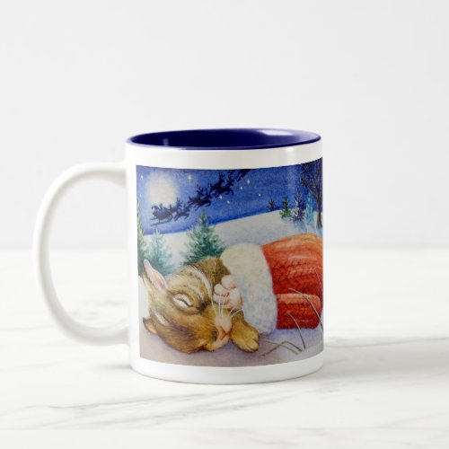 Rabbit Sleeps in Santas Mitten Watercolor Art Two_Tone Coffee Mug