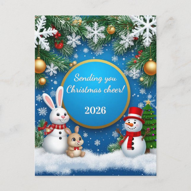 🎄❄️ Rabbit Snowman Winter Holiday Whimsical  Postcard (Front)