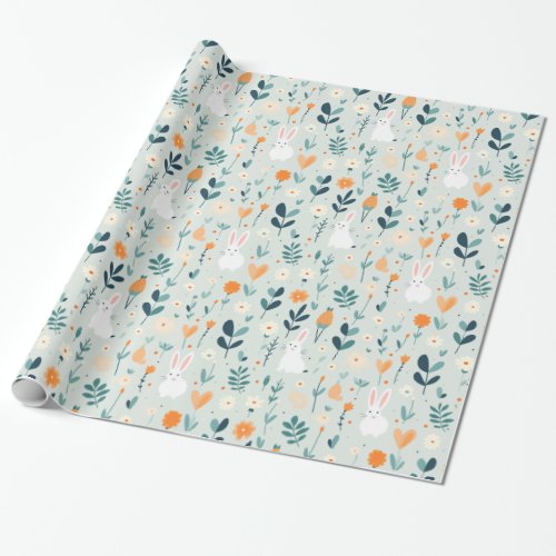 Rabbit Spring Blue And Orange Pastel  Wrapping Paper