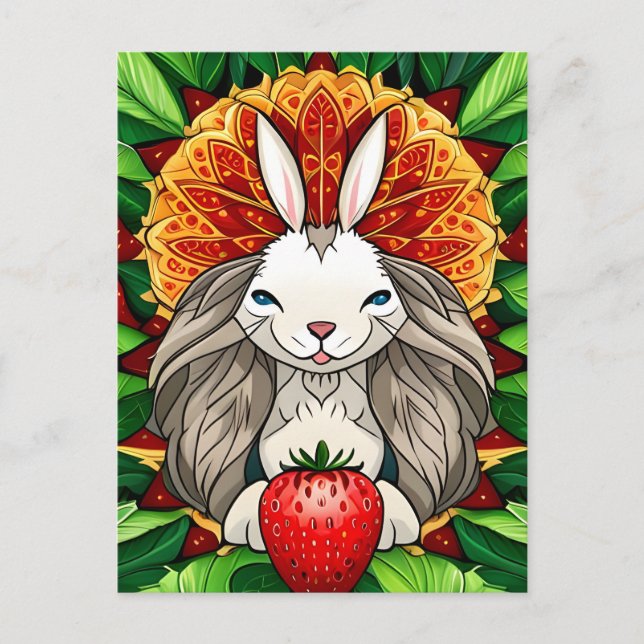 Rabbit, Strawberry, Mandala, Postcrossing Postcard (Front)