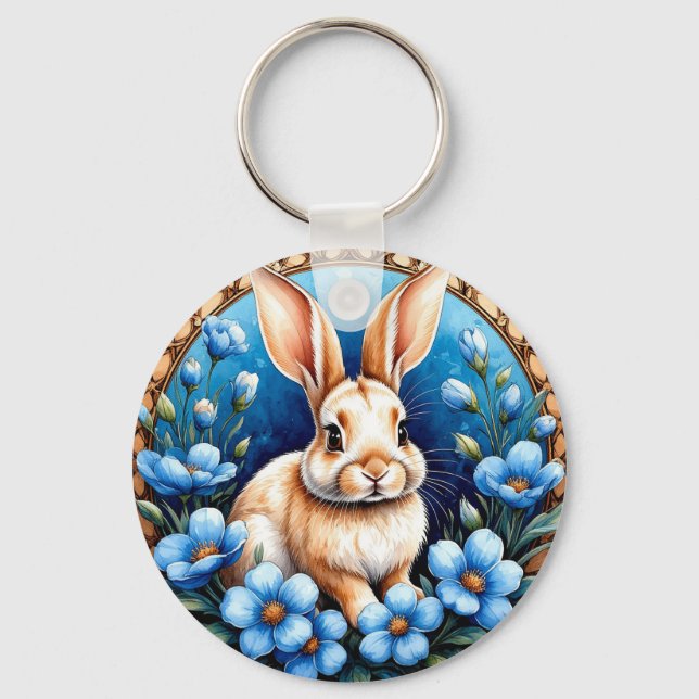Rabbit Surrounded by Blue Flowers Keychain (Front)