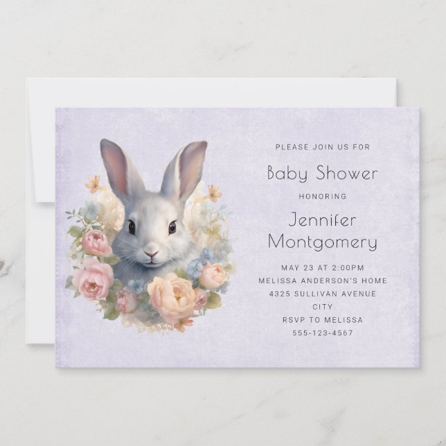 Rabbit Surrounded by Flowers Cute Baby Shower Invitation (Front)