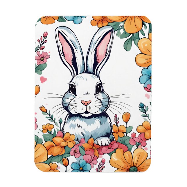 Rabbit surrounded by flowers magnet (Vertical)