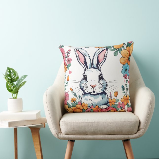 Rabbit surrounded by flowers throw pillow (Chair)