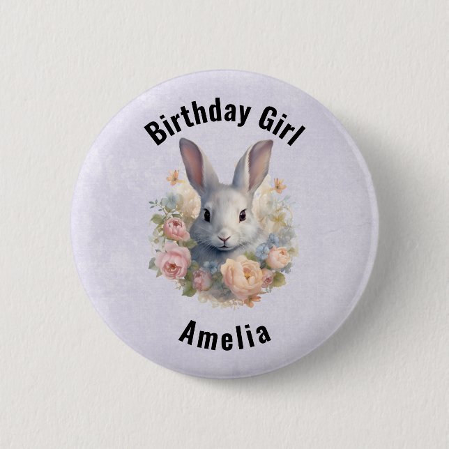 Rabbit Surrounded by Pastel Flowers Birthday Girl  Button (Front)