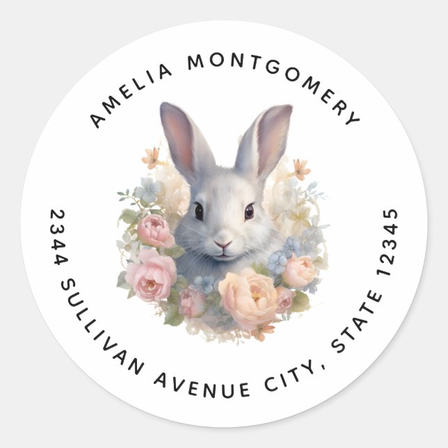 Rabbit Surrounded by Pastel Flowers Cute - Address Classic Round Sticker (Front)