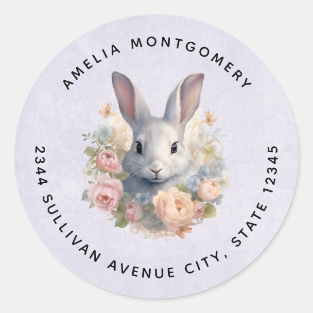 Rabbit Surrounded by Pastel Flowers Cute - Address Classic Round Sticker (Front)