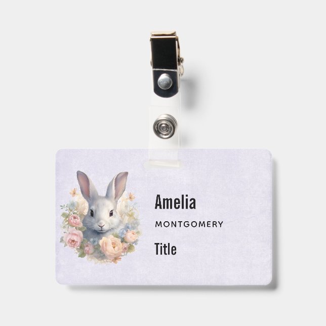 Rabbit Surrounded by Pastel Flowers Cute Badge (Front with Clip)